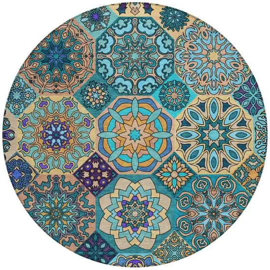 8' Teal Blue And Turquoise Round Patchwork Washable Indoor Outdoor Area Rug Photo 4
