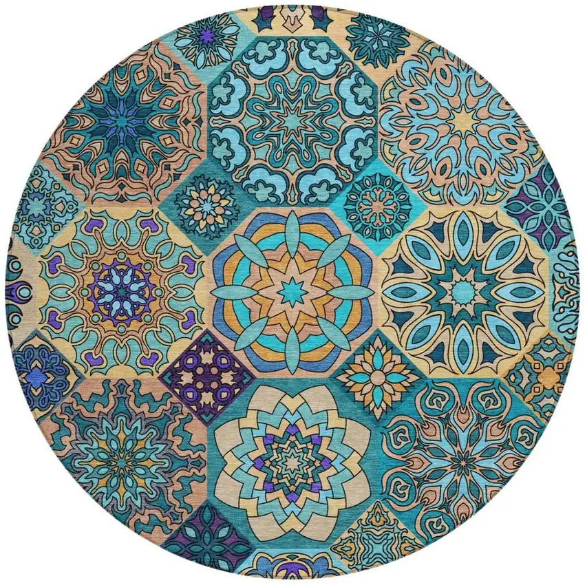 8' Teal Blue And Turquoise Round Patchwork Washable Indoor Outdoor Area Rug Photo 4