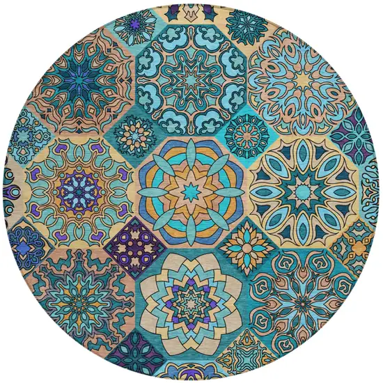 8' Teal Blue And Turquoise Round Patchwork Washable Indoor Outdoor Area Rug Photo 2