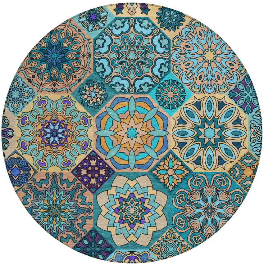 8' Teal Blue And Turquoise Round Patchwork Washable Indoor Outdoor Area Rug Photo 2