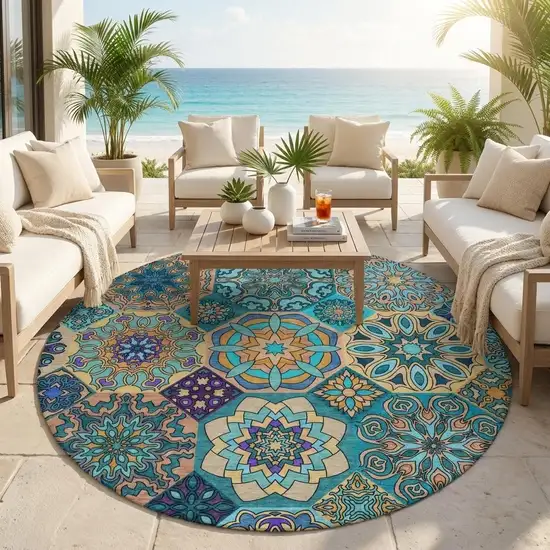 8' Teal Blue And Turquoise Round Patchwork Washable Indoor Outdoor Area Rug Photo 1
