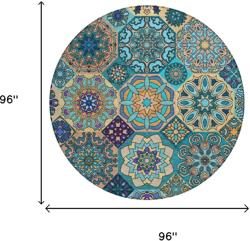 8' Teal Blue And Turquoise Round Patchwork Washable Indoor Outdoor Area Rug Photo 7