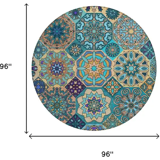 8' Teal Blue And Turquoise Round Patchwork Washable Indoor Outdoor Area Rug Photo 7