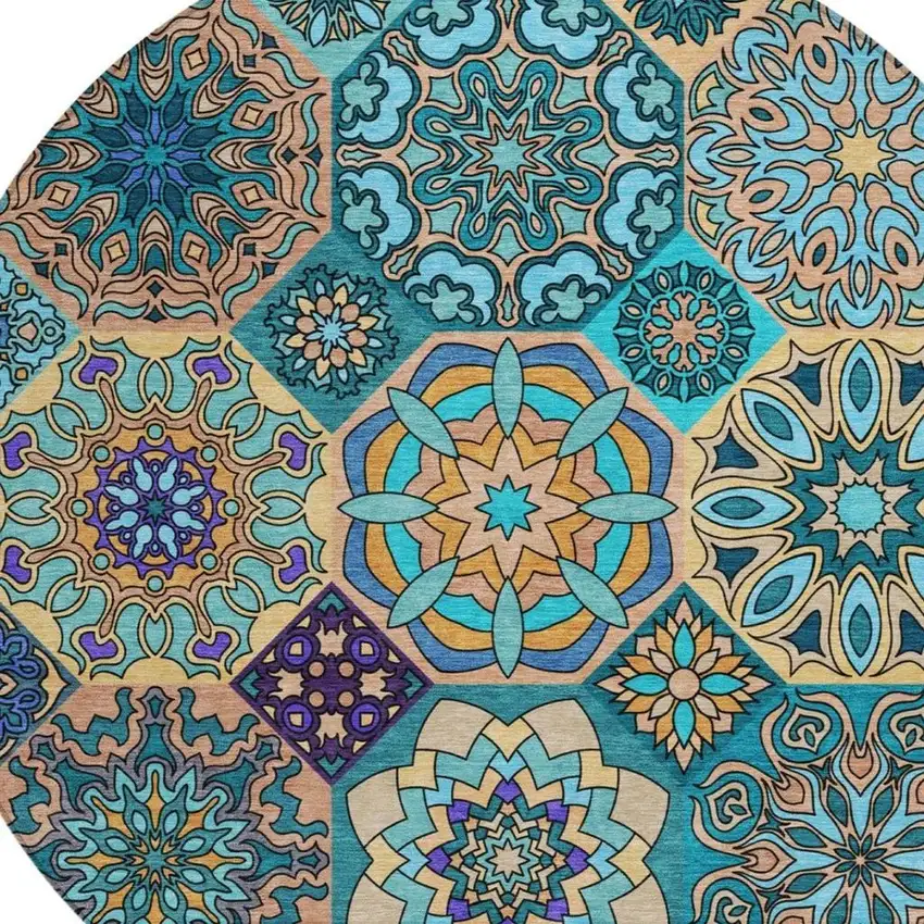 8' Teal Blue And Turquoise Round Patchwork Washable Indoor Outdoor Area Rug Photo 3