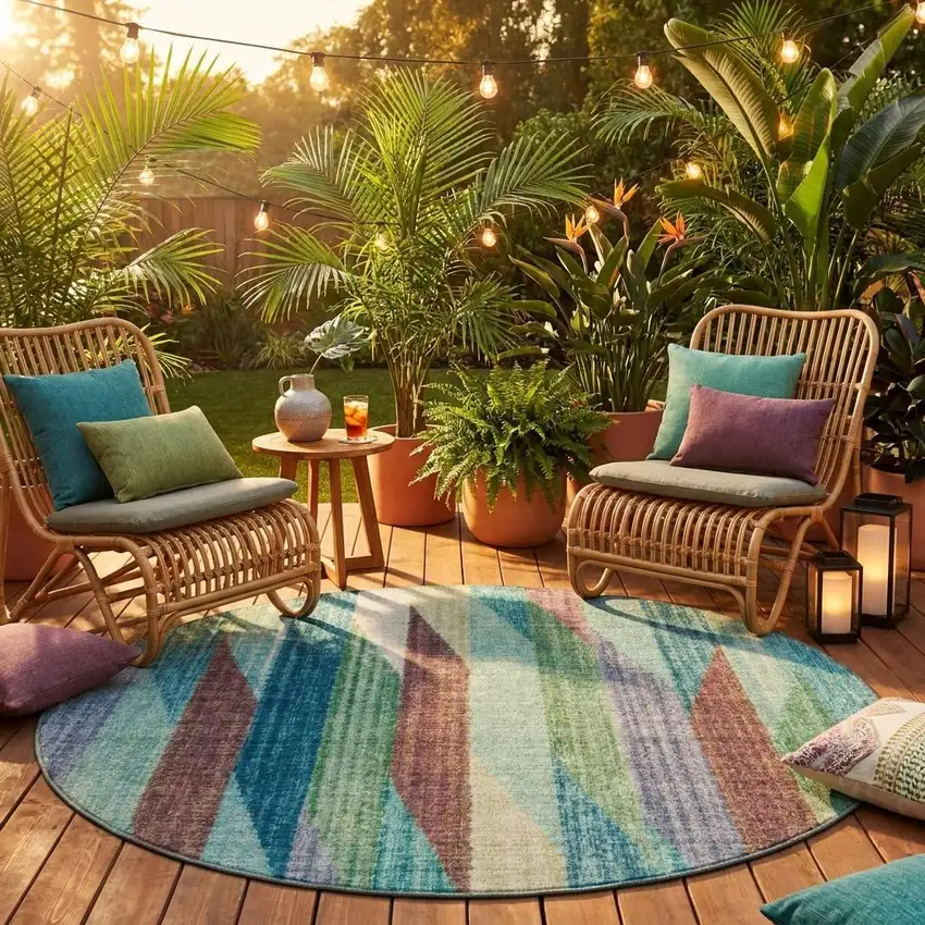 8' Teal Blue And Turquoise Round Striped Washable Indoor Outdoor Area Rug Photo 1