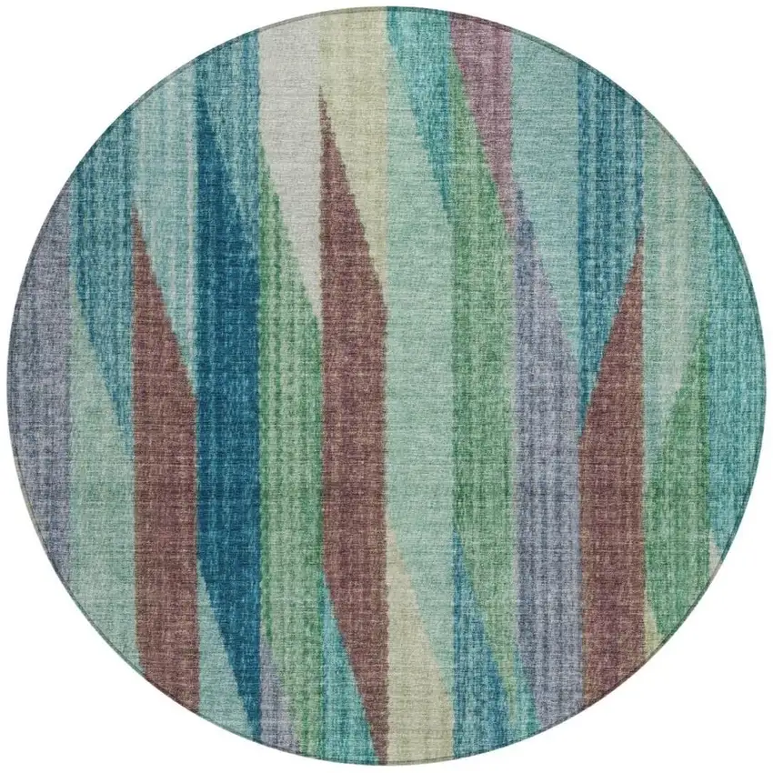 8' Teal Blue And Turquoise Round Striped Washable Indoor Outdoor Area Rug Photo 4