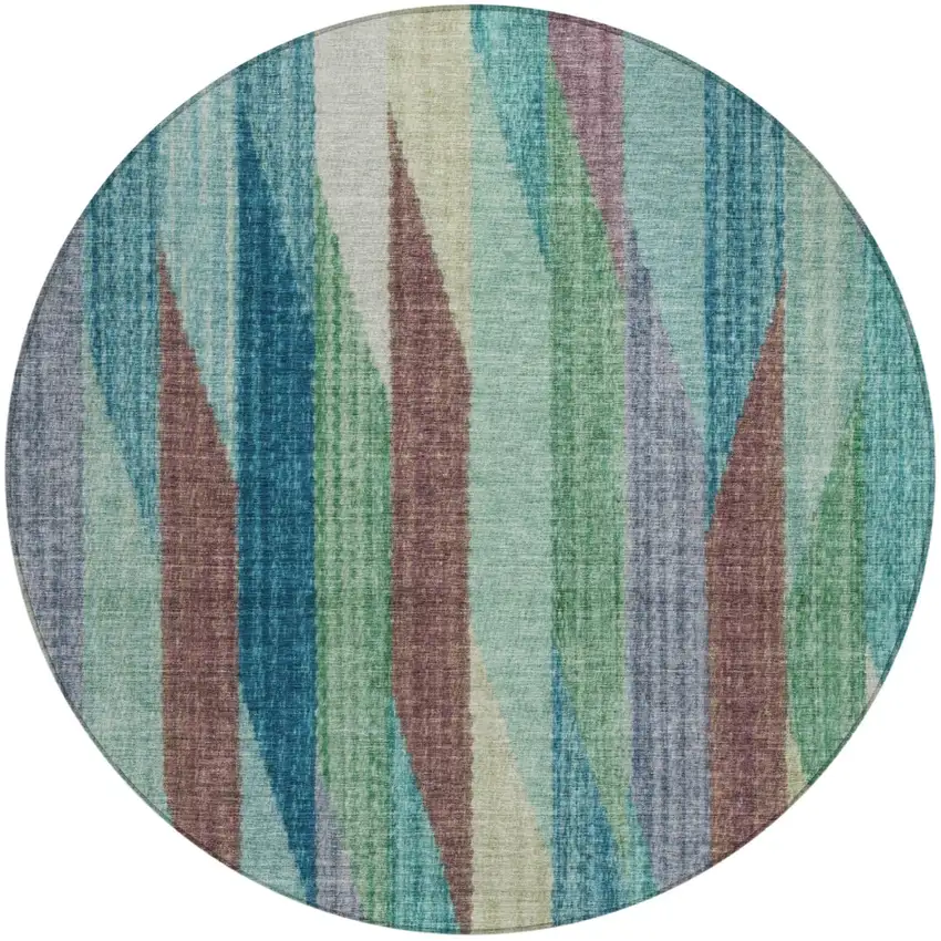 8' Teal Blue And Turquoise Round Striped Washable Indoor Outdoor Area Rug Photo 2