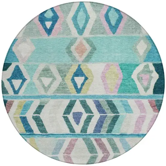 8' Teal Blue And Turquoise Round Tribal Washable Indoor Outdoor Area Rug Photo 2