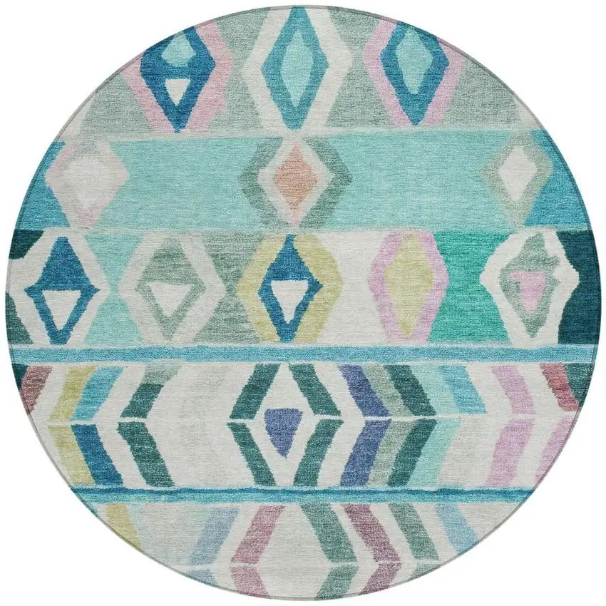 8' Teal Blue And Turquoise Round Tribal Washable Indoor Outdoor Area Rug Photo 2