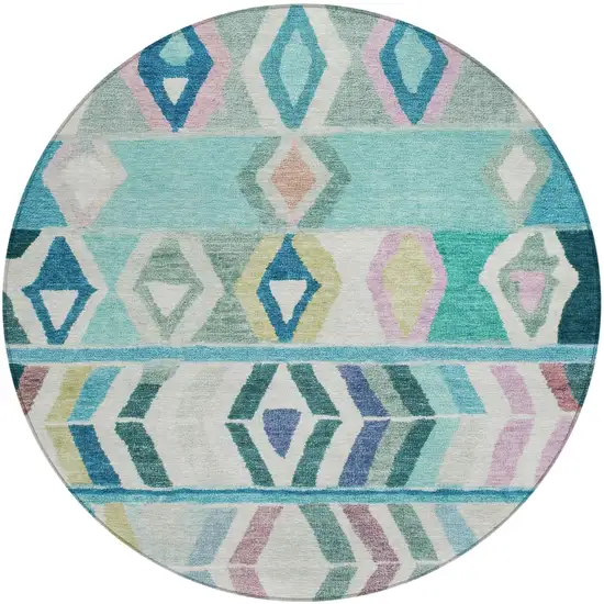 8' Teal Blue And Turquoise Round Tribal Washable Indoor Outdoor Area Rug Photo 3