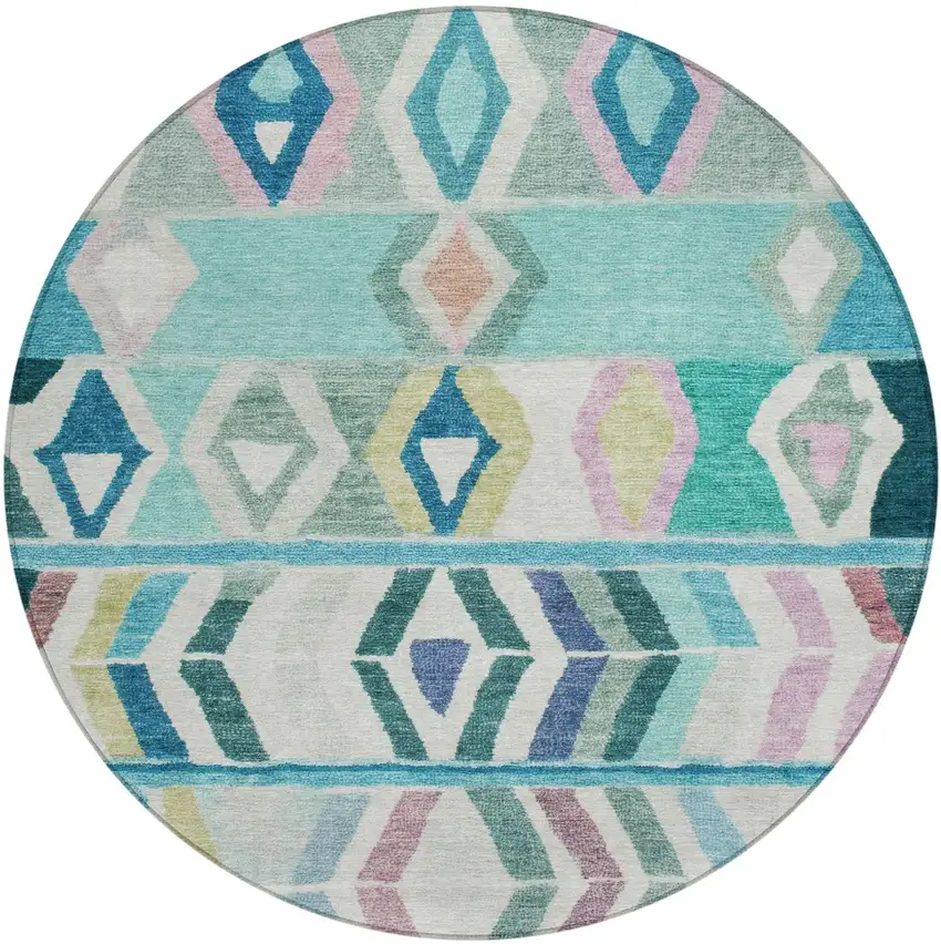 8' Teal Blue And Turquoise Round Tribal Washable Indoor Outdoor Area Rug Photo 3