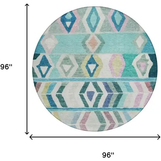 8' Teal Blue And Turquoise Round Tribal Washable Indoor Outdoor Area Rug Photo 7