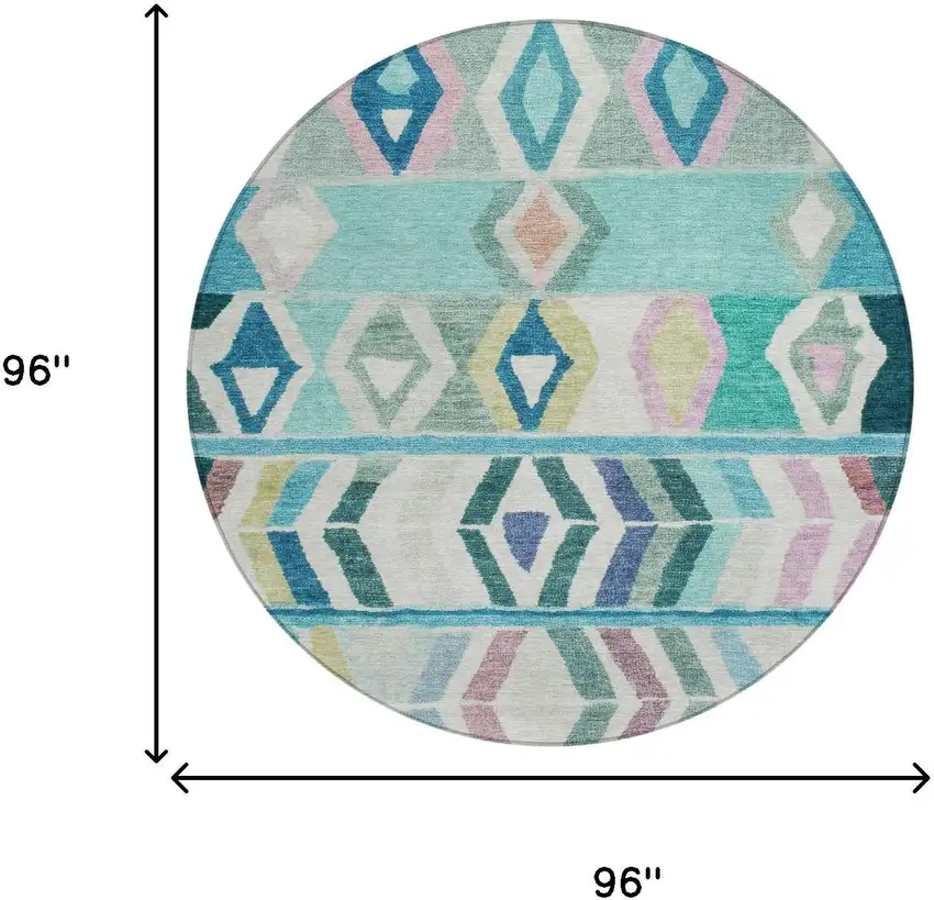 8' Teal Blue And Turquoise Round Tribal Washable Indoor Outdoor Area Rug Photo 7