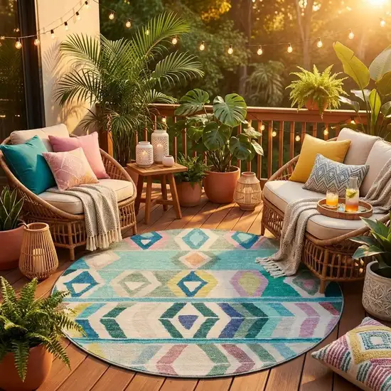 8' Teal Blue And Turquoise Round Tribal Washable Indoor Outdoor Area Rug Photo 1