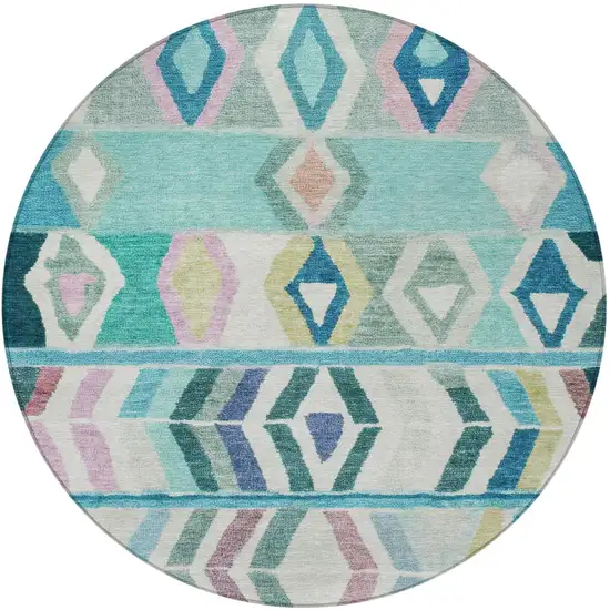 8' Teal Blue And Turquoise Round Tribal Washable Indoor Outdoor Area Rug Photo 4