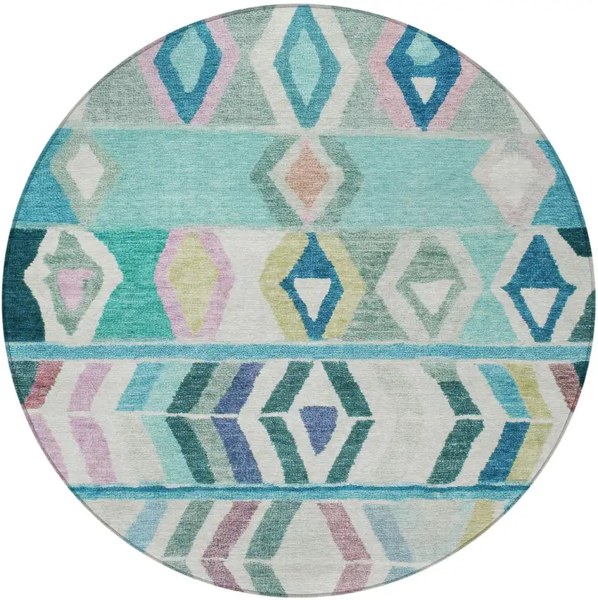 8' Teal Blue And Turquoise Round Tribal Washable Indoor Outdoor Area Rug Photo 4