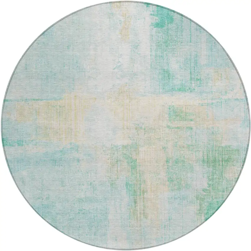 8' Teal Blue And Wheat Round Abstract Washable Indoor Outdoor Area Rug Photo 1