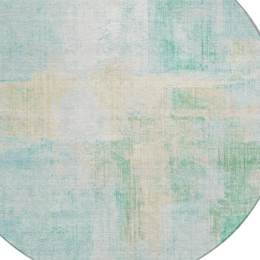 8' Teal Blue And Wheat Round Abstract Washable Indoor Outdoor Area Rug Photo 4