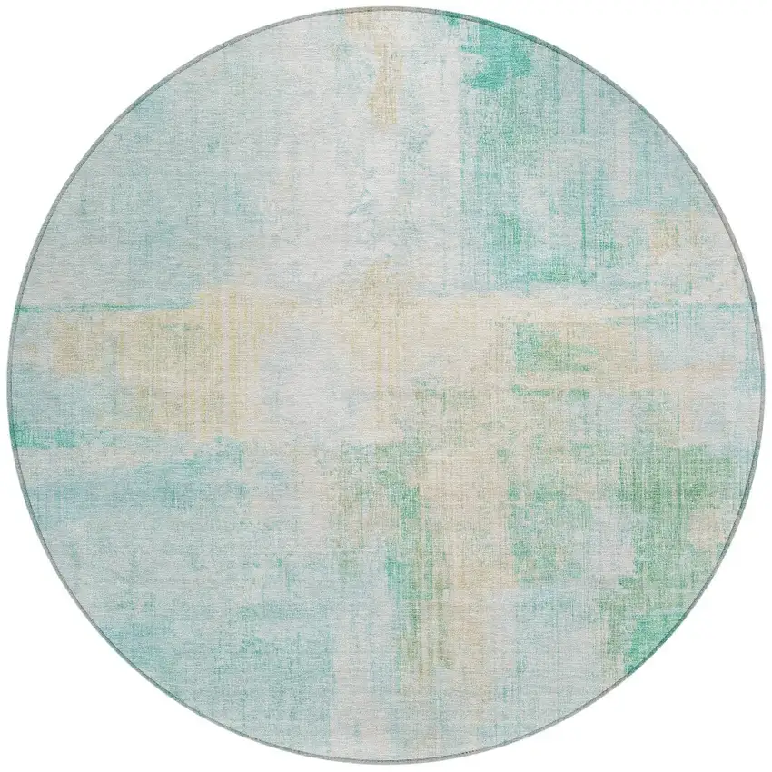 8' Teal Blue And Wheat Round Abstract Washable Indoor Outdoor Area Rug Photo 3