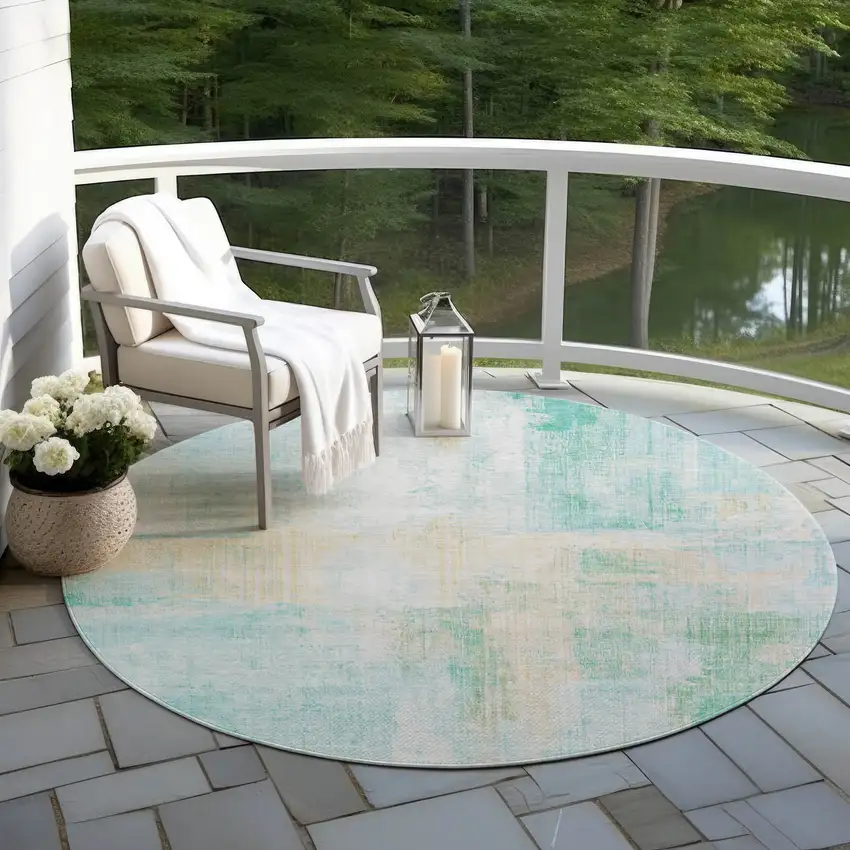 8' Teal Blue And Wheat Round Abstract Washable Indoor Outdoor Area Rug Photo 5