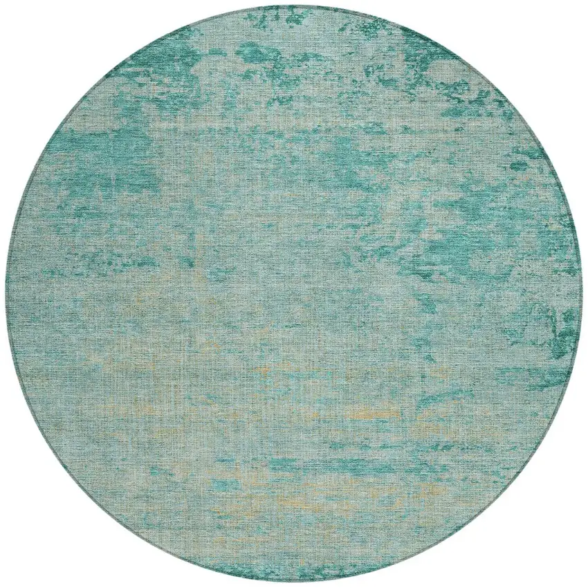 8' Teal Blue And Wheat Round Abstract Washable Indoor Outdoor Area Rug Photo 3
