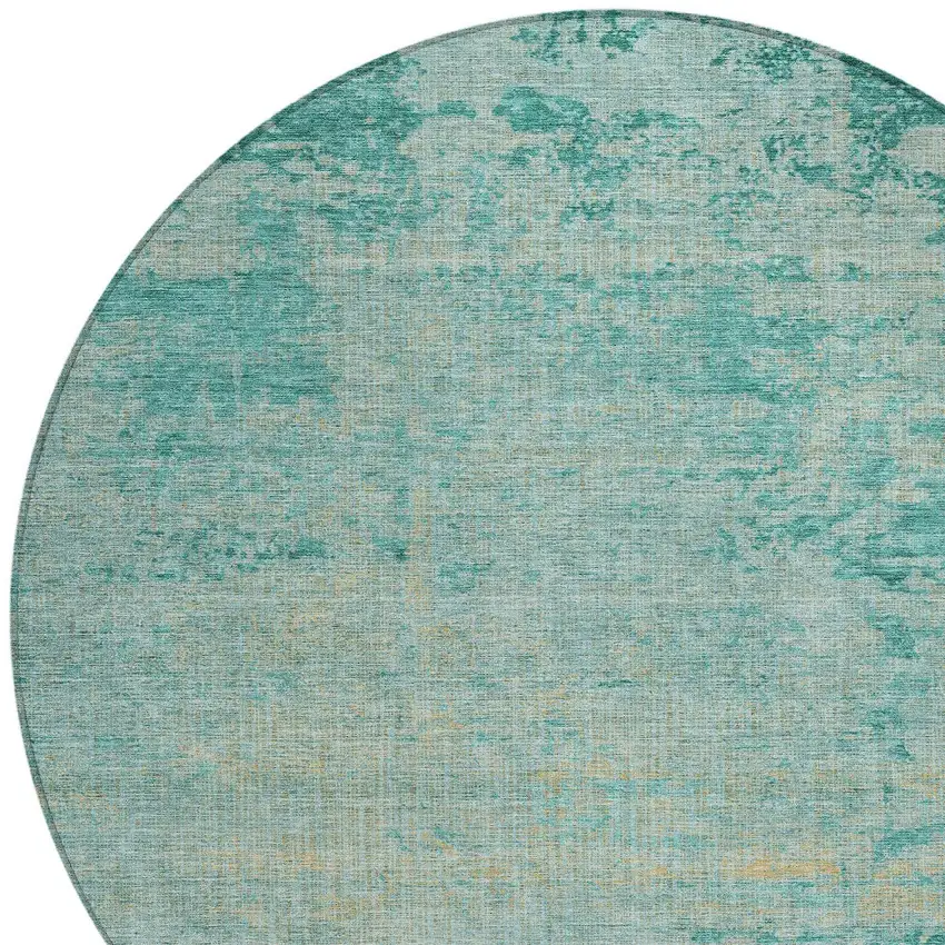8' Teal Blue And Wheat Round Abstract Washable Indoor Outdoor Area Rug Photo 8