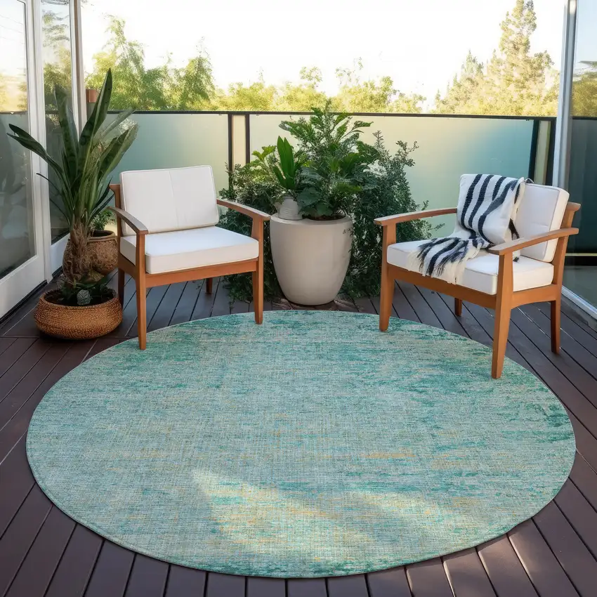 8' Teal Blue And Wheat Round Abstract Washable Indoor Outdoor Area Rug Photo 5