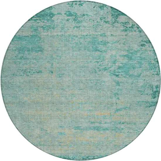 8' Teal Blue And Wheat Round Abstract Washable Indoor Outdoor Area Rug Photo 1