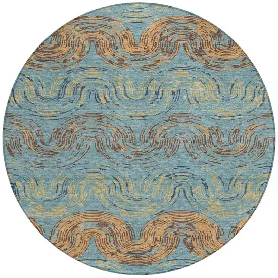 8' Teal Blue And Wheat Round Abstract Washable Indoor Outdoor Area Rug Photo 3