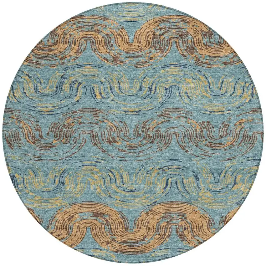8' Teal Blue And Wheat Round Abstract Washable Indoor Outdoor Area Rug Photo 3