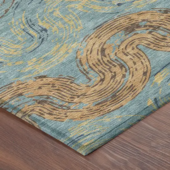 8' Teal Blue And Wheat Round Abstract Washable Indoor Outdoor Area Rug Photo 6