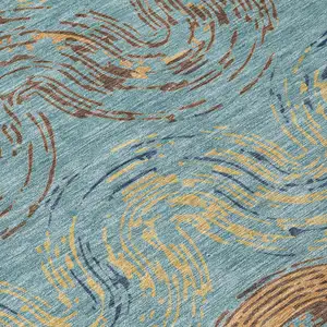 Photo of 8' Teal Blue And Wheat Round Abstract Washable Indoor Outdoor Area Rug