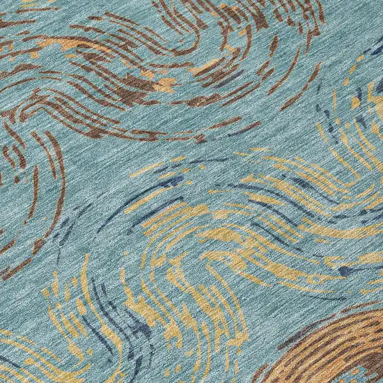 8' Teal Blue And Wheat Round Abstract Washable Indoor Outdoor Area Rug Photo 7