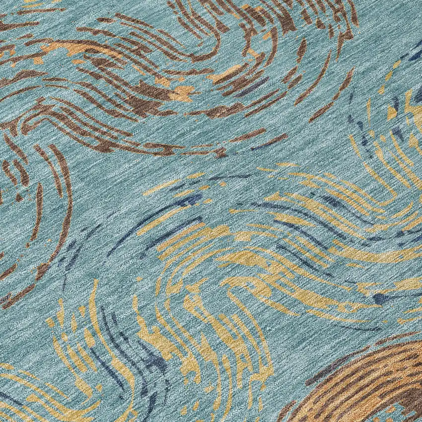 8' Teal Blue And Wheat Round Abstract Washable Indoor Outdoor Area Rug Photo 7