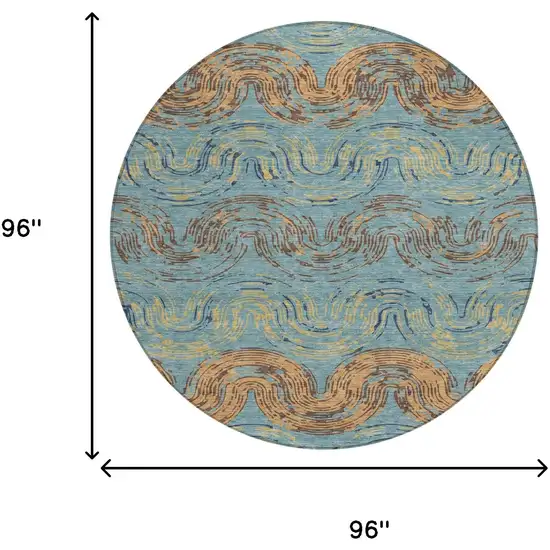 8' Teal Blue And Wheat Round Abstract Washable Indoor Outdoor Area Rug Photo 8
