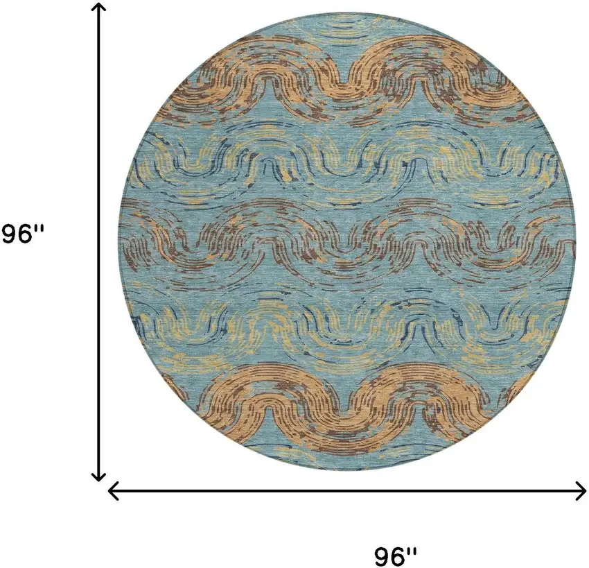 8' Teal Blue And Wheat Round Abstract Washable Indoor Outdoor Area Rug Photo 8