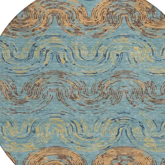 8' Teal Blue And Wheat Round Abstract Washable Indoor Outdoor Area Rug Photo 2
