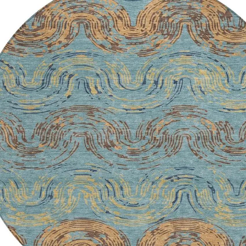 8' Teal Blue And Wheat Round Abstract Washable Indoor Outdoor Area Rug Photo 2
