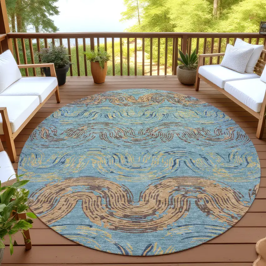 8' Teal Blue And Wheat Round Abstract Washable Indoor Outdoor Area Rug Photo 4