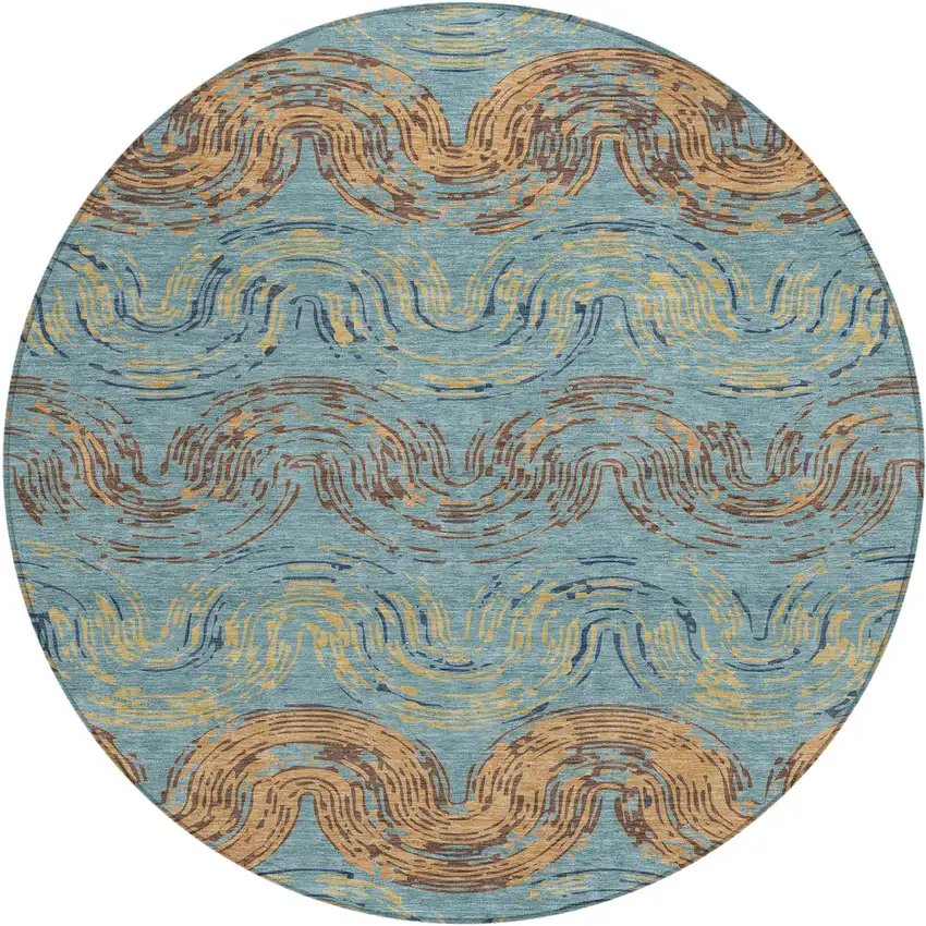 8' Teal Blue And Wheat Round Abstract Washable Indoor Outdoor Area Rug Photo 1