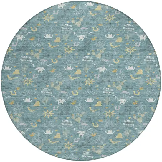 8' Teal Blue And Wheat Round Cactus Washable Indoor Outdoor Area Rug Photo 2