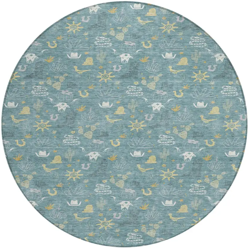 8' Teal Blue And Wheat Round Cactus Washable Indoor Outdoor Area Rug Photo 2