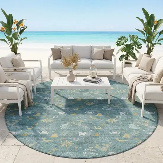 8' Teal Blue And Wheat Round Cactus Washable Indoor Outdoor Area Rug Photo 1