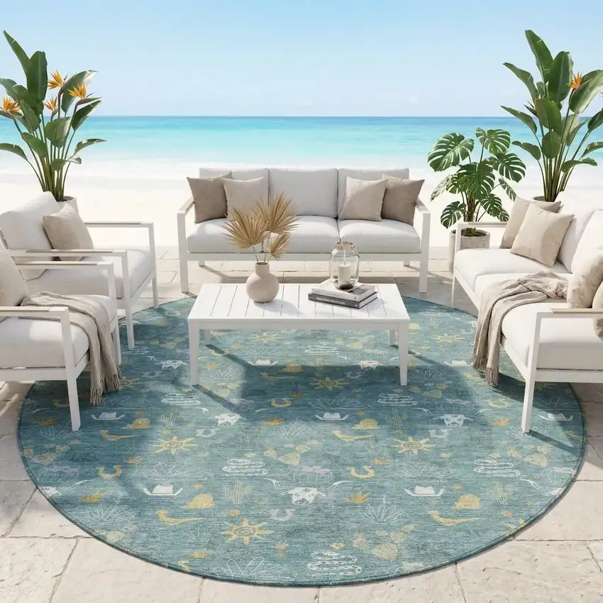 8' Teal Blue And Wheat Round Cactus Washable Indoor Outdoor Area Rug Photo 1