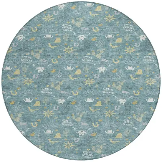 8' Teal Blue And Wheat Round Cactus Washable Indoor Outdoor Area Rug Photo 4