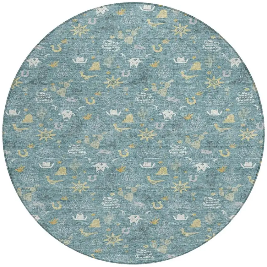 8' Teal Blue And Wheat Round Cactus Washable Indoor Outdoor Area Rug Photo 4