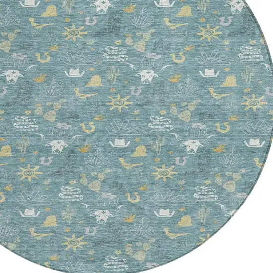 8' Teal Blue And Wheat Round Cactus Washable Indoor Outdoor Area Rug Photo 3