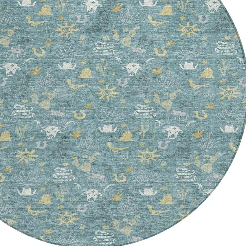 8' Teal Blue And Wheat Round Cactus Washable Indoor Outdoor Area Rug Photo 3
