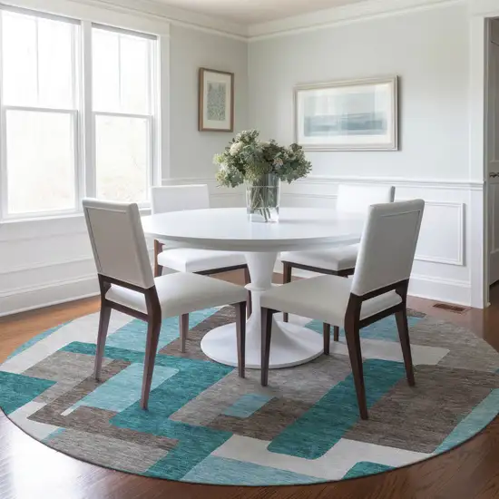 8' Teal Blue Aqua And Beige Round Abstract Washable Indoor Outdoor Area Rug Photo 8