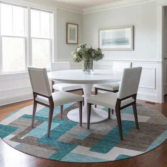 8' Teal Blue Aqua And Beige Round Abstract Washable Indoor Outdoor Area Rug Photo 8